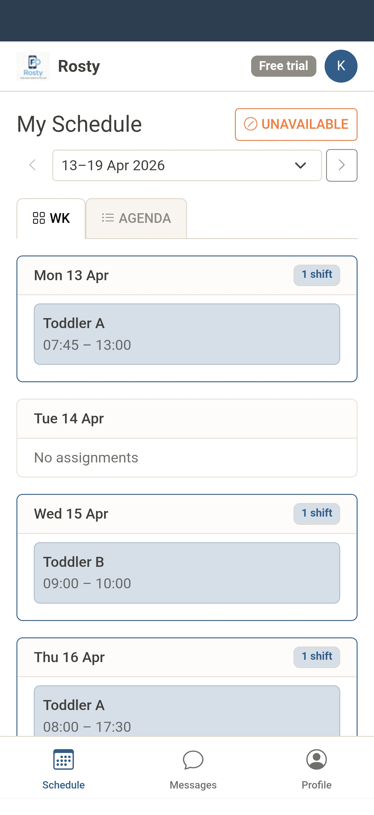 Staff schedule on mobile